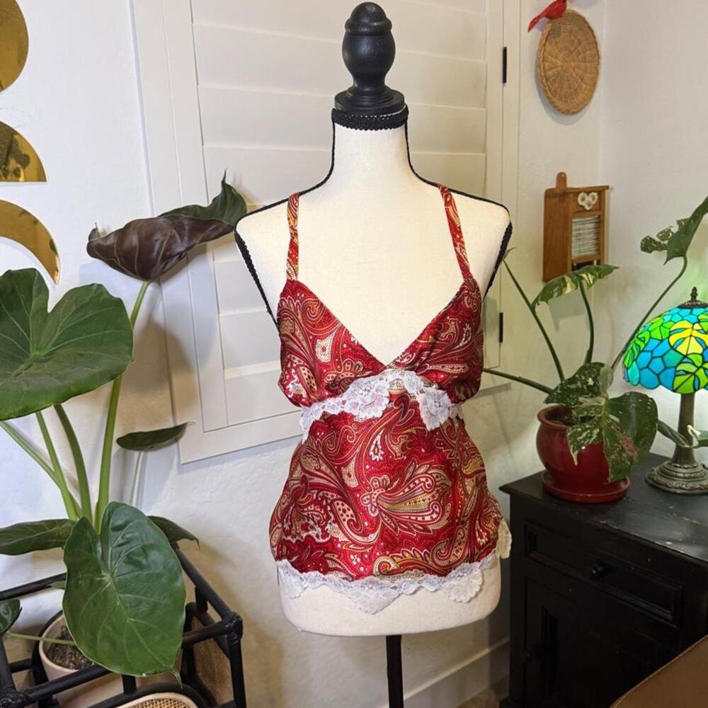 Handmade Upcycled Reworked Reversible 100% Silk Cami Top Lace Up Back Y2K Boho
